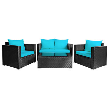 Costway 4PCS Patio Rattan Cushioned Sofa Chair Coffee Table Turquoise