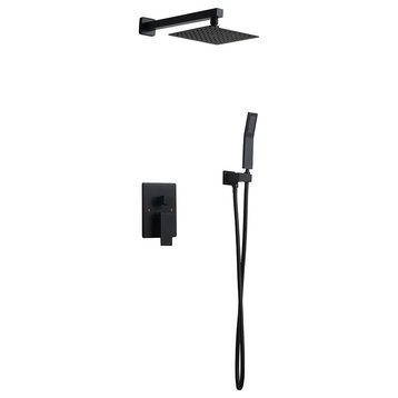 Modern Wall Mounted Shower System with Handheld Shower Pressure Balance Valve, Matte Black, 10"