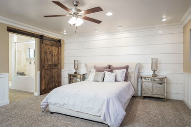 Inspiration for a large contemporary master bedroom in Phoenix with beige walls, carpet and no fireplace.