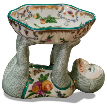 Porcelain Monkey Holding Lotus Dish, Multicolor
