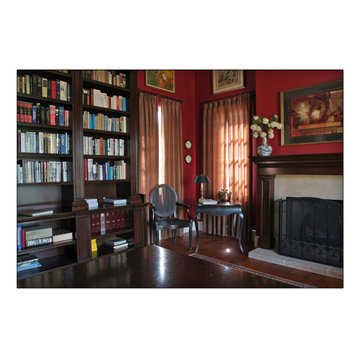 Custom Handcrafted Fire Mantels, Library Cabinets, Desk, Dark Stain Traditional