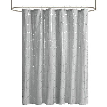 Intelligent Design Raina Printed Metallic Shower Curtain, Grey/Silver
