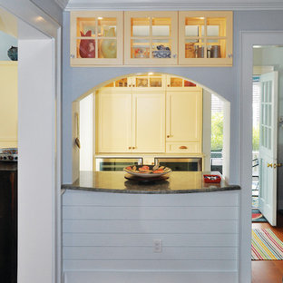 Неиссякаемый источник вдохновения для домашнего уюта: большая п-образная кухня в морском стиле с кладовкой, фасадами в стиле шейкер, желтыми фасадами, столешницей из гранита, паркетным полом среднего тона, коричневым полом и серой столешницей