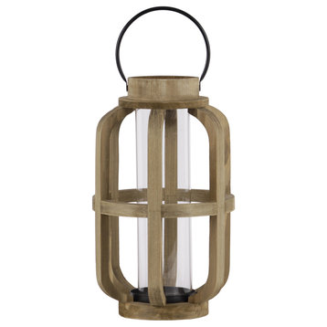 Wood Cylinder Lantern With Metal Handle and Hurricane Candleholder, Large