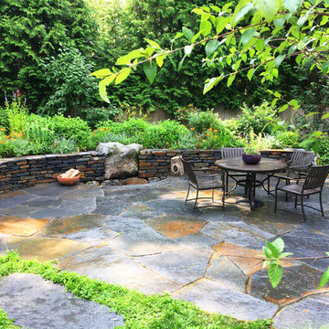 Goshen stone terrace, dry laid Goshen stone wall, boulder fire pit