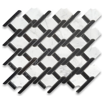 Carrara White Marble Princess Weave Black Rope Mosaic Tile Polished, 1 sheet