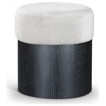 Meridian Furniture - Nimes Upholstered Ottoman, Cream, Velour Fur, Black Finish - Strikingly modern, the Nimes cream velour fur fabric upholstered ottoman combines plush comfort with sleek design. The top is wrapped in luxurious velour fur fabric, offering a soft and inviting texture, while the cylindrical rich black wooden base provides a minimalist contrast. This versatile ottoman is perfect as extra seating, a footrest, or a stylish accent in any living space.
