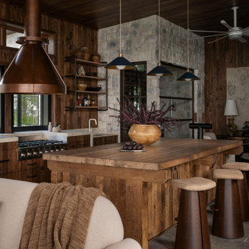 Antique Elm Paneling and Ceiling with Reclaimed Room Island in Modern Lakehouse