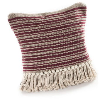 Striped Maroon Fringed Throw Pillow