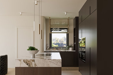 Photo of a large modern cream and black kitchen/diner in London with brown cabinets, marble worktops and an island.