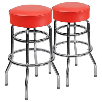 Double Ring Chrome Barstool With Seat, Red, Set of 2