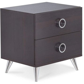 Elegant Nightstand, Angled Legs & 2 Drawers With Circle Pulls, Silver/Espresso