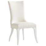 Lexington - Geneva Upholstered Side Chair - The Geneva side chair offers a stylish, fashionable designer look to dining room seating. Bespoke tailoring includes hourglass pleating on the outside back, bridged with a decorative buckle in polished nickel. Deep concave chair backs afford guests exceptional comfort while complementing the graceful shape of the dining table. As shown, the standard fabric is 221811 Sebring, a tightly woven chenille construction, performance fabric, in an artic white coloration. You may choose to personalize with custom fabric as item 415-882.