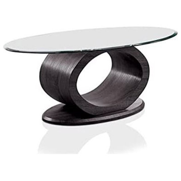 Contemporary Coffee Table, Curved Geometric Base With Oval Shaped Glass Top