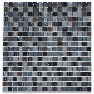Glass Mosaic Tile Brown Grey Light Blue Glass Nero Marquina Marble, 1 sheet