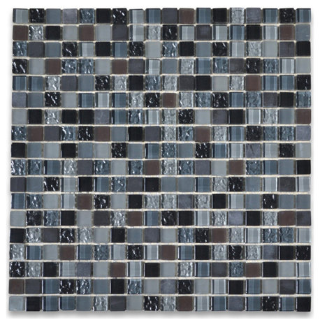 Glass Mosaic Tile Brown Grey Light Blue Glass Nero Marquina Marble, 1 sheet