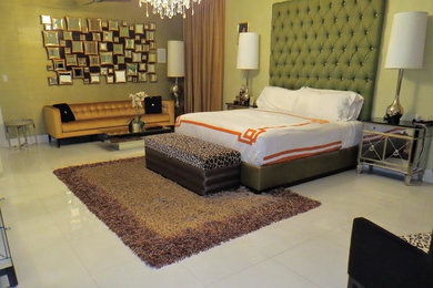 Example of a mid-sized eclectic master porcelain tile bedroom design in Austin with green walls