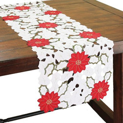 Xia Home Fashions - Holiday Poinsettia Embroidered Cutwork Table Runner - Table Runners