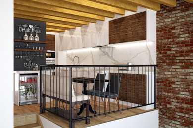 Example of a small trendy l-shaped light wood floor eat-in kitchen design in Montreal with an undermount sink, flat-panel cabinets, white cabinets, solid surface countertops, white backsplash, porcelain backsplash, paneled appliances and no island