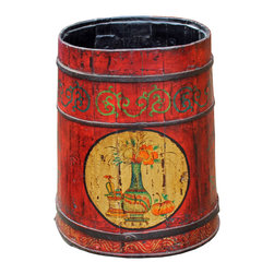 Distressed Chinese Tibetan Barrel Shape Red Floral Bucket Wood Container - Decorative Objects And Figurines