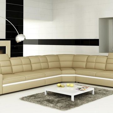 Beige and White Bonded Leather Sectional Sofa with Adjustable Headrests