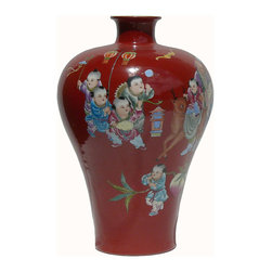 Beautiful Red Paint Longevity Old Man W Many Kids - Vases