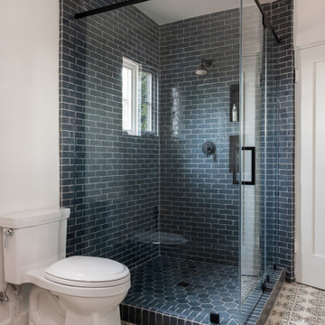 Modern Brentwood Bathroom with Custom Wood Vanity and Bold Tile Shower