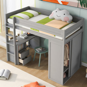 Wood Twin/ Full Size Loft Bed with Wardrobes and 2-Drawer Desk (No mattress), Gray (Twin)