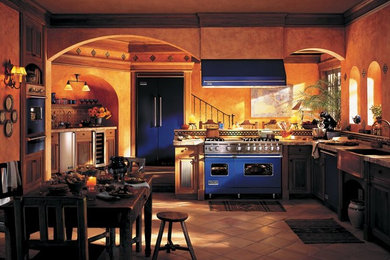 Design ideas for a mediterranean eat-in kitchen in Los Angeles with no island.