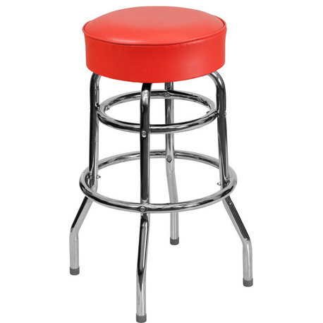 Double Ring Chrome Barstool with Red Seat