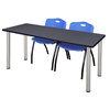 66" x 24" Kee Training Table- Grey/ Chrome & 2 'M' Stack Chairs- Blue