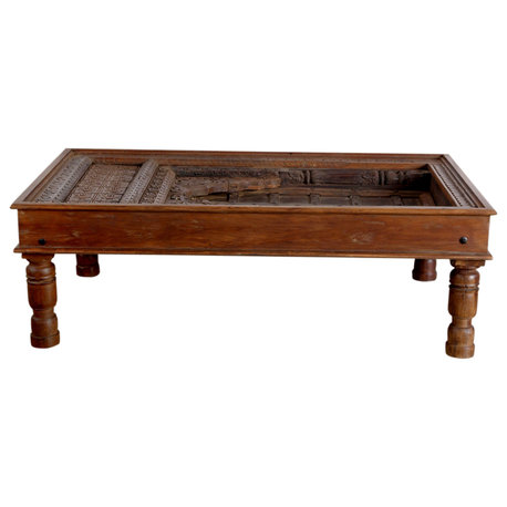 Consigned Antique Old Teak Window Coffee Table Rustic Jharokha Table 55