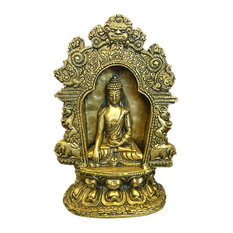 Mogul Interior - Buddha Brass Statue with Beautiful Arch Buddhist Yoga Decor Sculpture Idol - Decorative Objects And Figurines