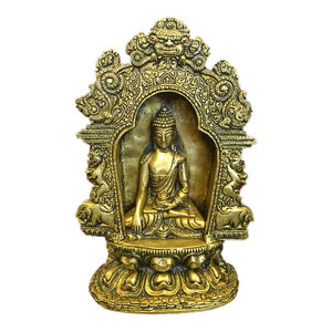 Mogul Interior - Buddha Brass Statue with Beautiful Arch Buddhist Yoga Decor Sculpture Idol - Decorative Objects And Figurines