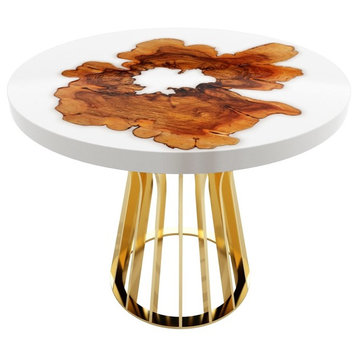 Rustic Olive Wood Round Table, Epoxy Resin & Wood, White Resin, 39.5", Gold