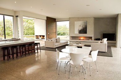 Photo of a contemporary living room in Hamilton with concrete floors and a ribbon fireplace.
