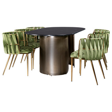 Nolan Marble Top Bronze Dining Set With 6 Chairs, Green