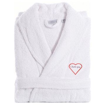 "I Love You" Pink Embroidered White Terry Bathrobe, Small/Medium