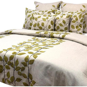 CA King Duvet Cover 3 Pc set Natural Linen with Boucle Embroidery-Linen Leaf Ivy