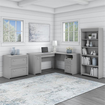 Fairview L Desk with File Cabinet & Bookcase in Cape Cod Gray - Engineered Wood