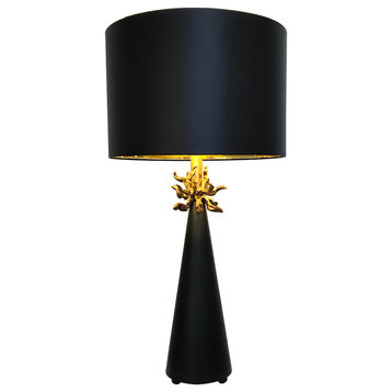 Neo Table Lamp, Black With Gold Leaf Accent and Unique Sculpted Focal Point