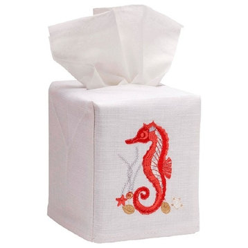 Linen Tissue Box Cover, Coral Seahorse