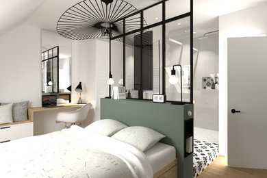 Foto de dormitorio principal minimalista de tamaño medio con paredes verdes