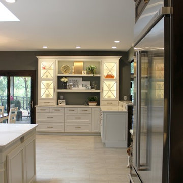 Rustic Alder Gray Stained Kitchen with White Hutch and Island