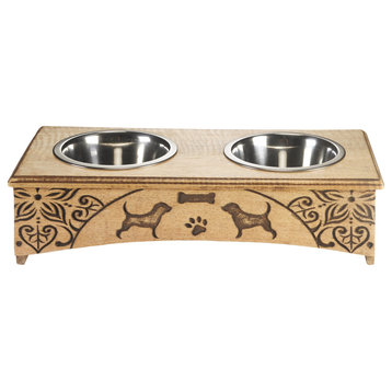Handmade Engraved Mango Wood Elevated Double Pet Feeder, Dogs and Florals
