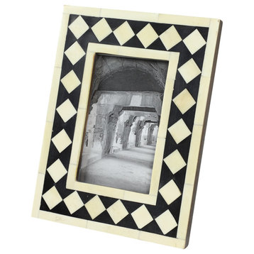 Resin and Bone Rectangular Picture Frame With Black and Natural Diamond Pattern