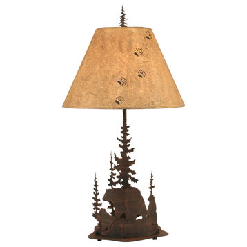 Burnt Sienna Iron Nature Scene Table Lamp With Feather Tree Forest and Bears