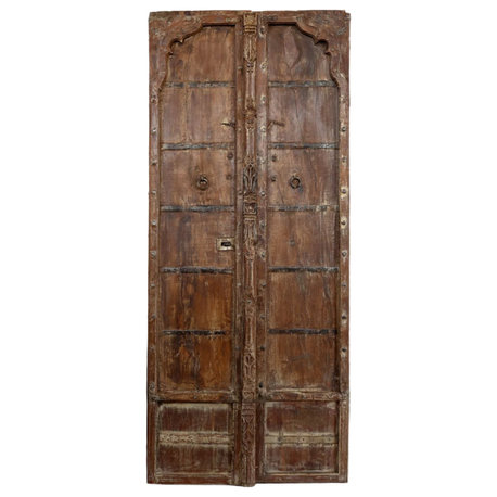 Consigned Rustic Brown Antique Teak Wood Exterior Haveli Doors 84x36