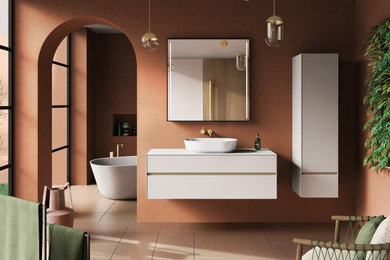 Aménagement d'une salle de bain avec un lavabo suspendu, un plan de toilette blanc et meuble simple vasque.