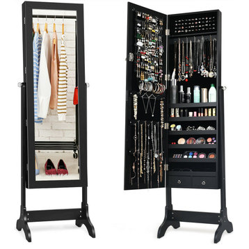 Costway Lockable Mirrored Jewelry Cabinet Storage Organizer Box w/Drawers Black